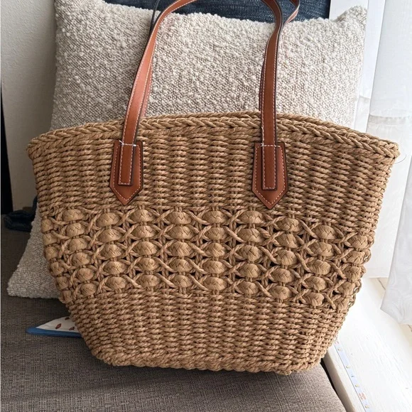 Stylish Tan Woven Tote Bag with Scarf Accent - Picture 2 of 3